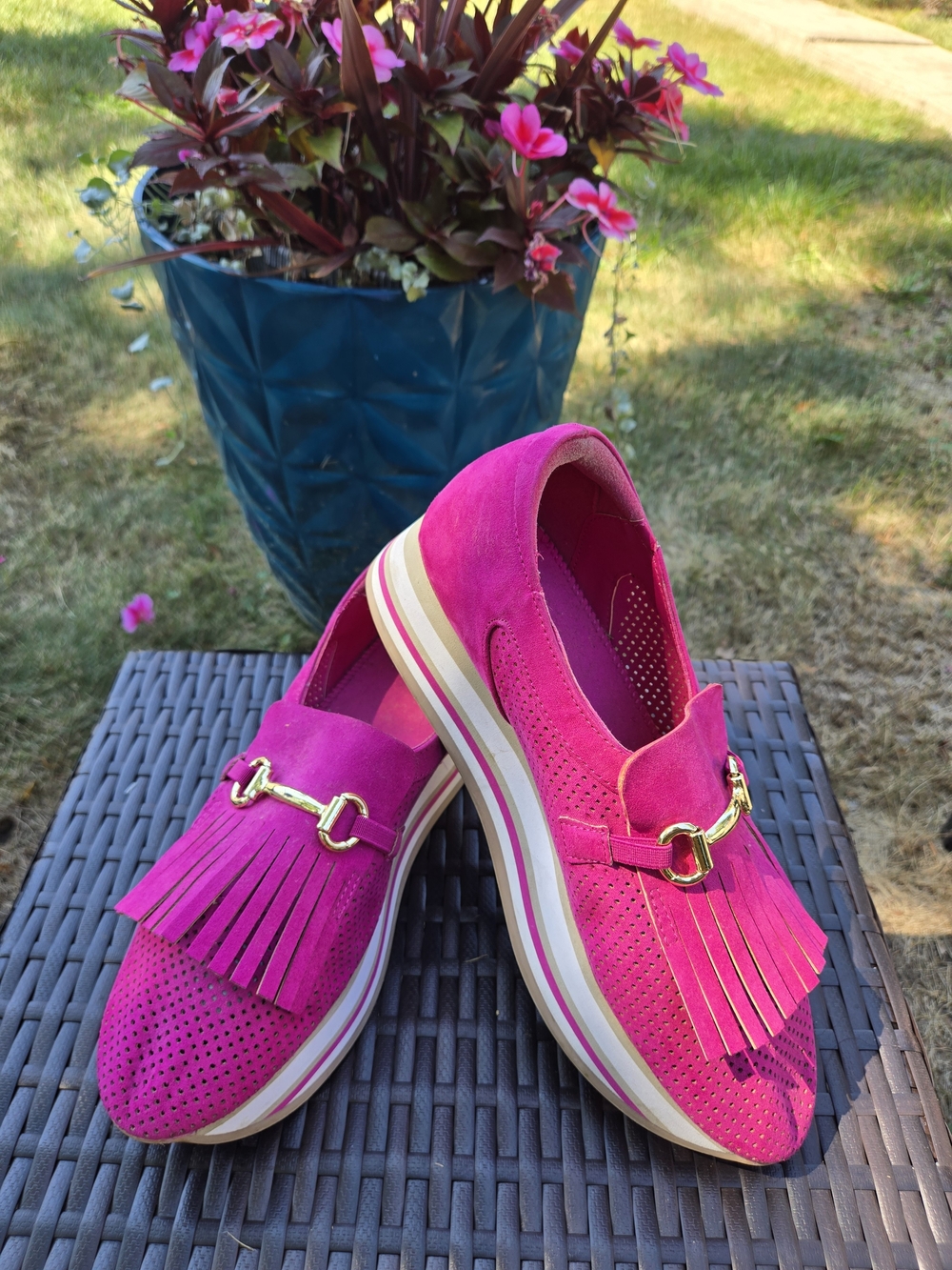 crown & ivy Hot Pink Tassel Loafers with Gold Accent